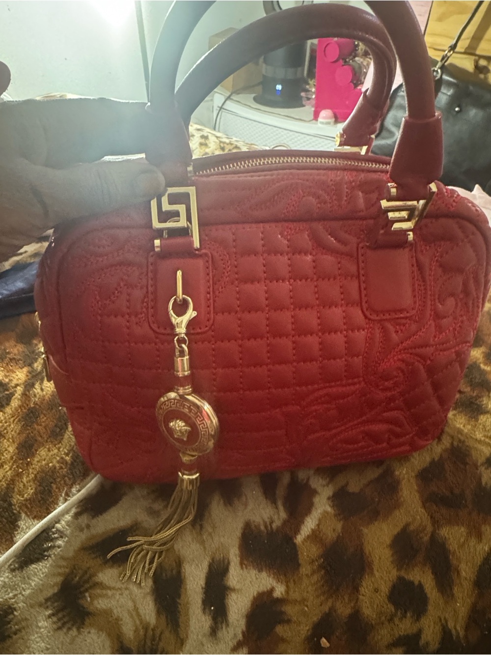 Versace Red Quilted Satchel with Gold Tassel Charm